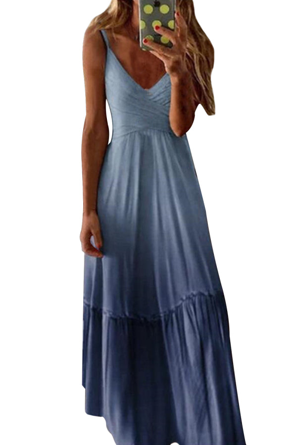 Plus Size Ombre Pleated Sleeveless Maxi Dress Blue