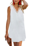 Solid Sleeveless Eyelash Lace V Neck Mini Dress White