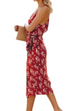 V Neck Floral Print High Split Cami Dress Berry Red