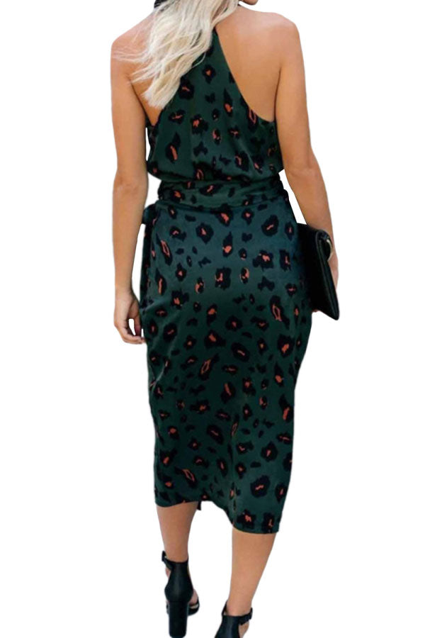 V Neck Leopard Print Midi Dress With Belt Green