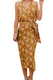 Floral Print Wrap Belt High Split Cami Dress Yellow