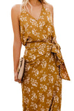 Floral Print Wrap Belt High Split Cami Dress Yellow