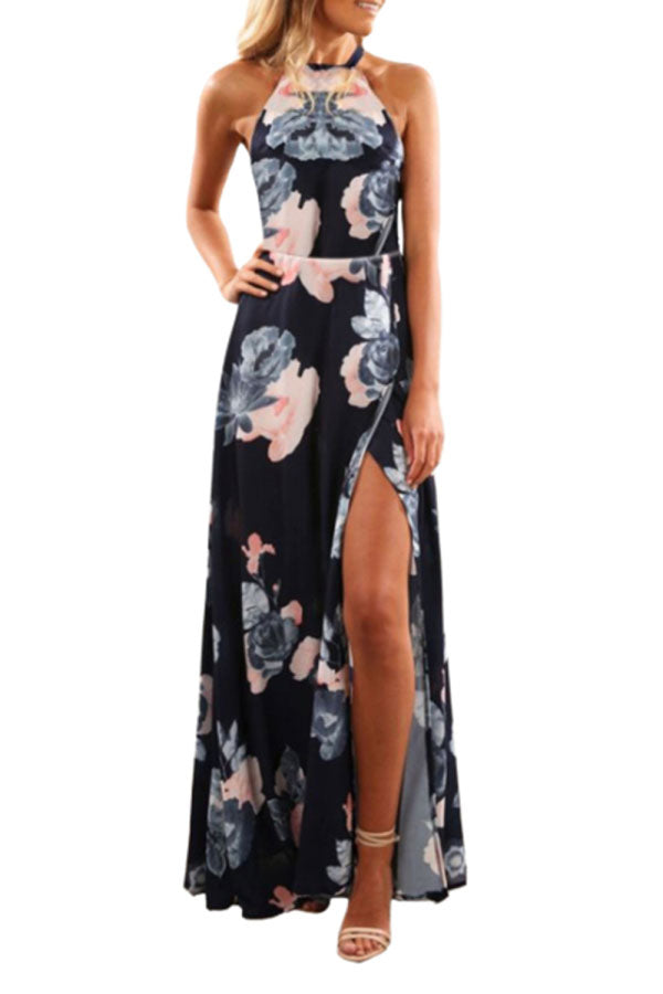 Women's Halter Floral Print Maxi Dress With Split Navy Blue