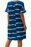 Plus Size Tie Dye Ruffle Short Sleeve V Neck Pocket Midi T-Shirt Blue