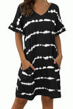 Plus Size V Neck Frill Short Sleeve Tie Dye Midi T-Shirt Dress Black