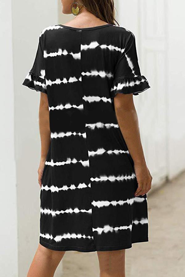 Plus Size V Neck Frill Short Sleeve Tie Dye Midi T-Shirt Dress Black