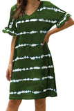 Ruffle Short Sleeve V Neck Tie Dye Midi Plus Size T-Shirt Dress Green