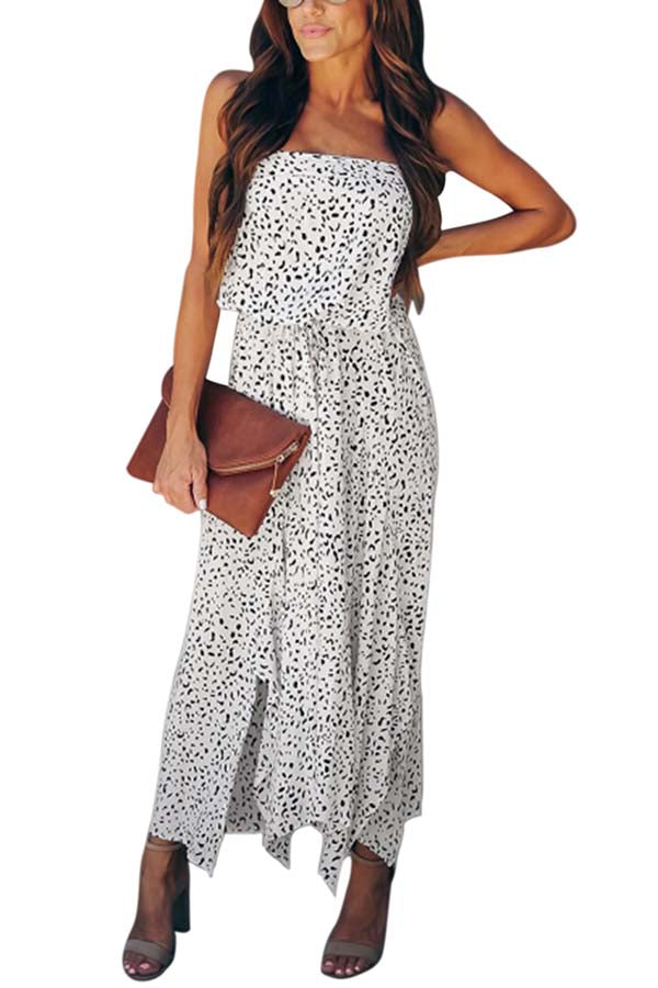 Leopard Print Strapless Irregular Trim Slit Maxi Dress White