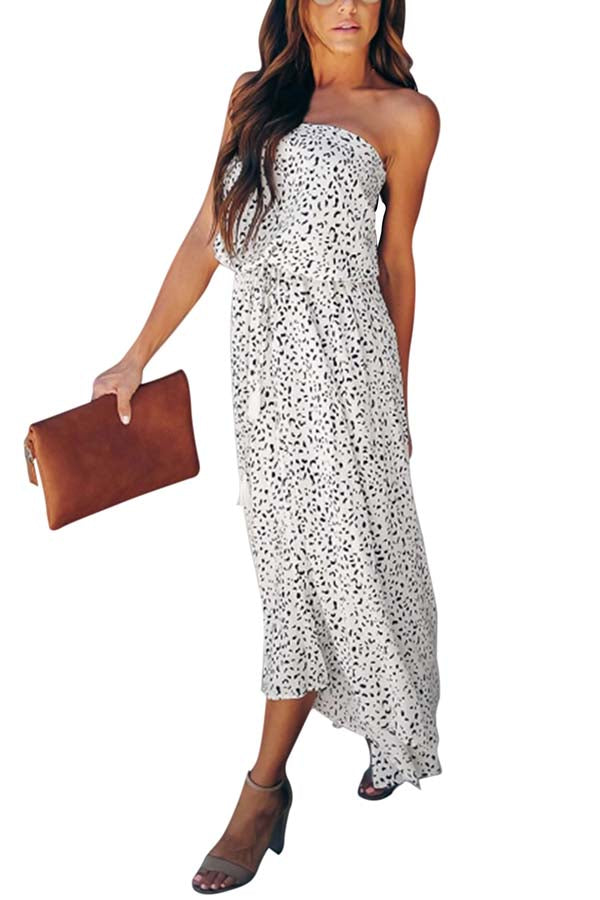 Leopard Print Strapless Irregular Trim Slit Maxi Dress White