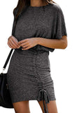 Women's Short Sleeve Crew Neck Ruched Mini Dress Black