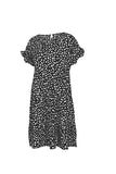 Casual Print Crew Neck Ruffle Short Sleeve Babydoll Midi Dress Black