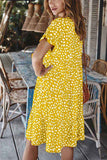 Casual Crew Neck Short Sleeve Ruffle Dot Print Midi Dress Yellow
