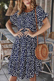 Summer Casual Loose Ruffle Short Sleeve Dot Print Midi Dress Navy Blue
