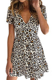 Sexy V Neck Short Sleeve Ruffle Leopard Mini Dress