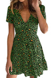 Short Sleeve Leopard Print V Neck Mini Dress Green