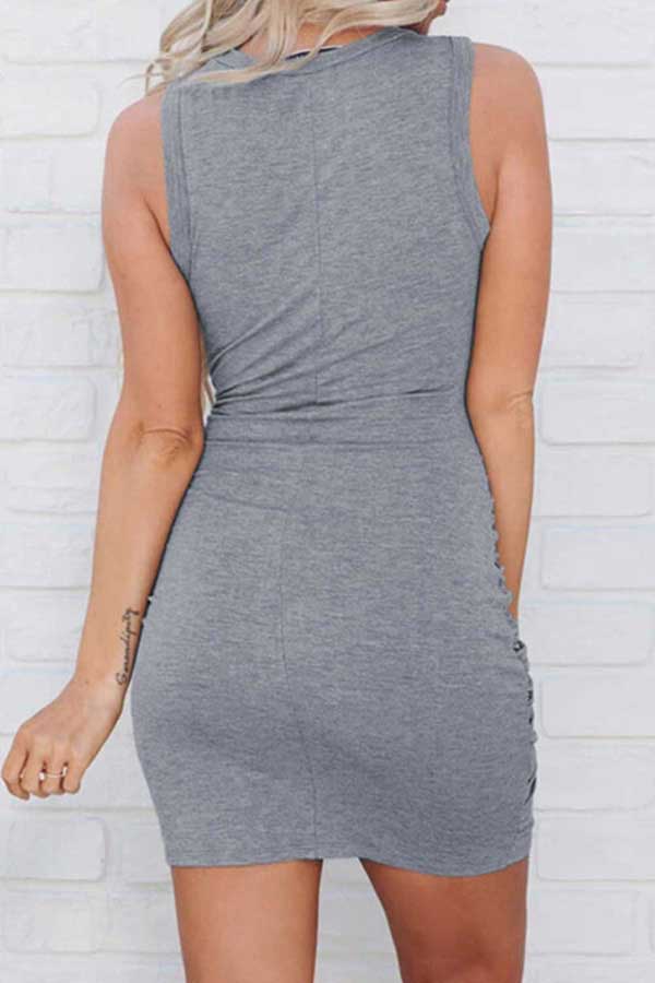 Women's Twist Front Plain Ruched Bodycon Mini Dress Grey