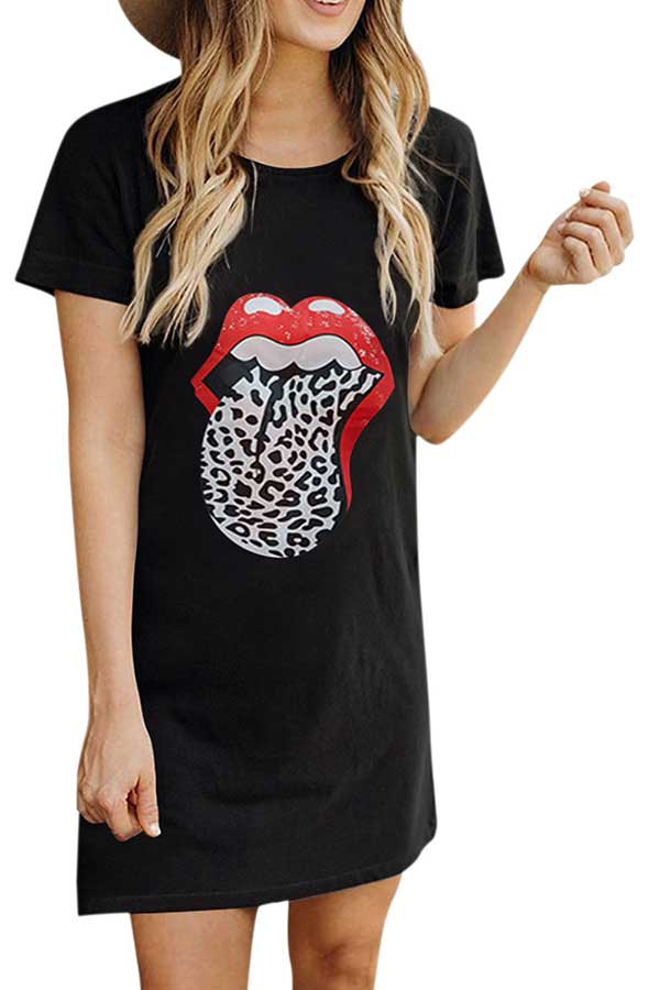 Round Neck Short Sleeve Lip Print Tunic T-Shirt Dress For Women Black