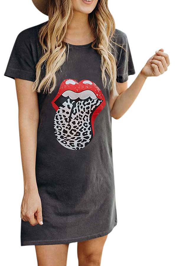 Women's Short Sleeve Crew Neck Lip Leopard Print Loose T-Shirt Dress