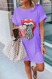 Lip Leopard Print Summer Casual T-Shirt Dress For Women Purple