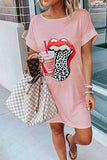 Women's Casual Short Sleeve Lip Print Mini Dress Pink