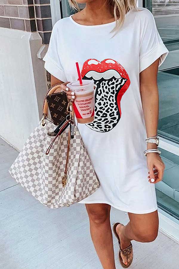 Women's Summer Lip Print Short Sleeve T-Shirt Dress White