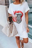 Women's Summer Lip Print Short Sleeve T-Shirt Dress White