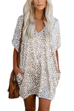 Women's V Neck Leopard Print Pocket Summer T-Shirt Dress White