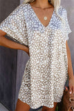 Women's V Neck Leopard Print Pocket Summer T-Shirt Dress White