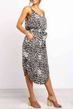 Women's Leopard Print Sleeveless V Neck Midi Dress With Belt Black