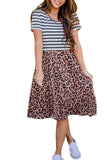 Striped Leopard Print Summer Swing Midi Dress Brown