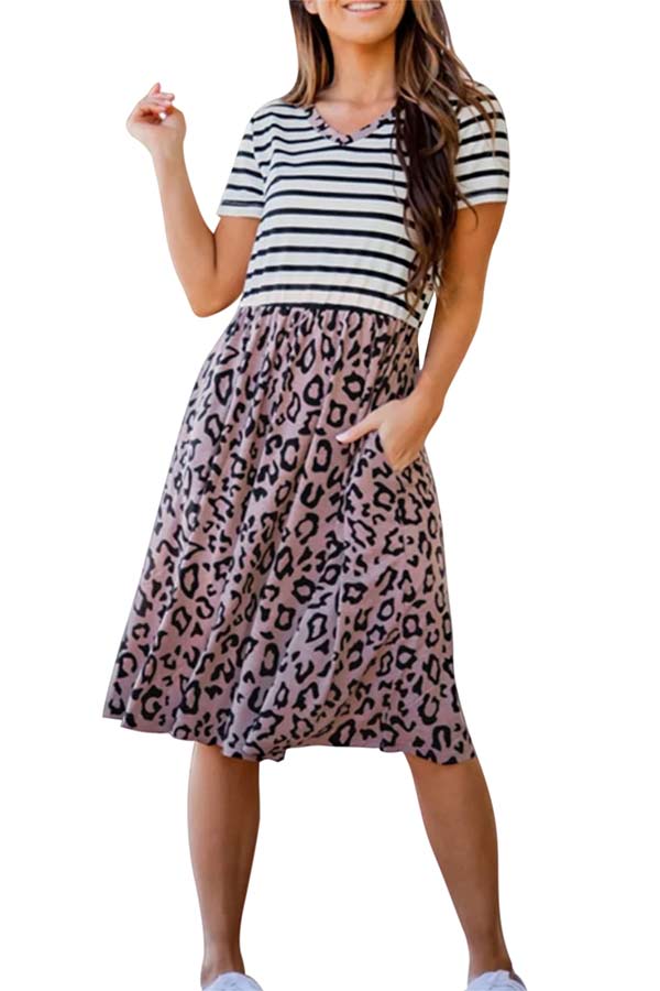 Striped Leopard Print Short Sleeve Swing Dress With Pocket Chestnut