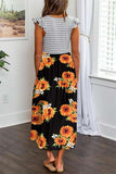 Women's Floral Print Crew Neck Ruffle Sleeve Maxi Dress Black