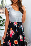 Women's Ruffle Sleeve Stripe Floral Print Maxi Dress Pink