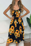 Women's Summer Sunflower Print Smocked Casual Beach Midi Dress Black
