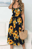Women's Summer Sunflower Print Smocked Casual Beach Midi Dress Black