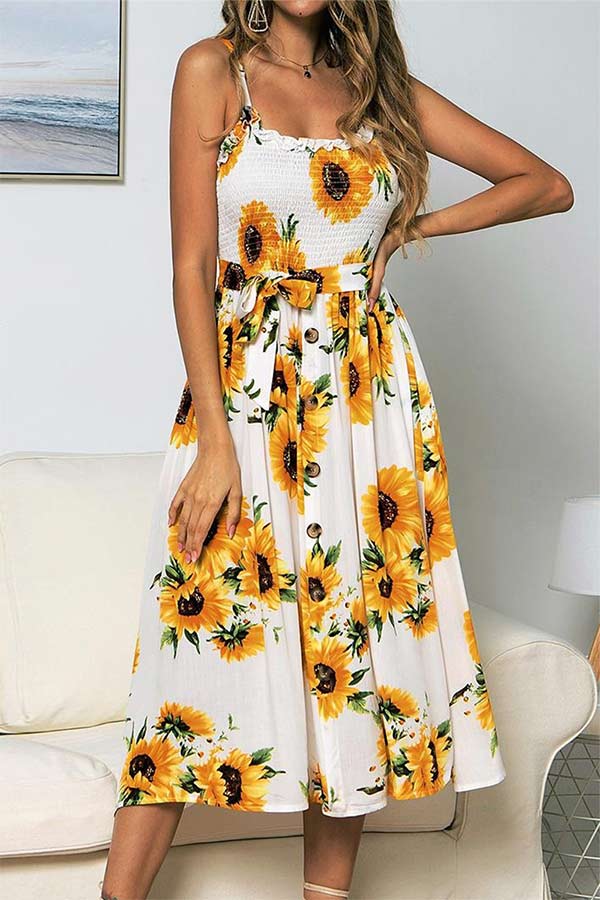 Women's Summer Sunflower Print Smocked Midi Dress Yellow