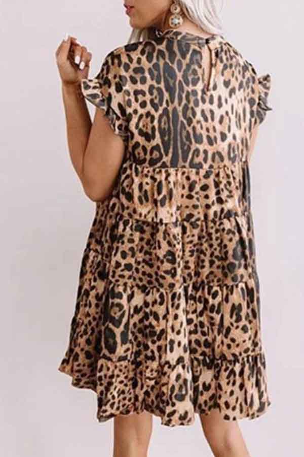 Women's Ruffle Leopard Print Babydoll Dress Chestnut