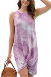 Summer Sleeveless Crew Neck Twist Tie Dye Print Mini Dress Purple