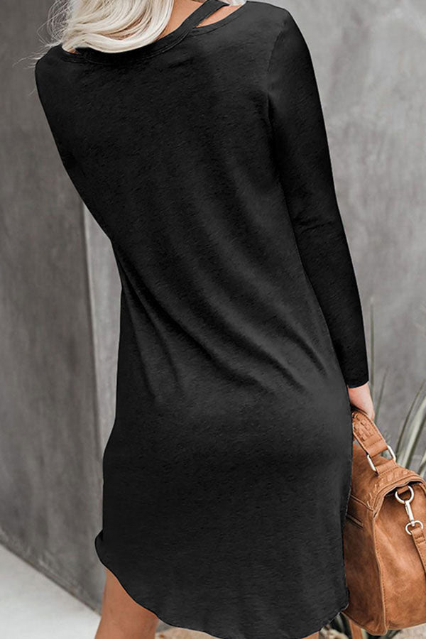 Twist Front Long Sleeve V Neck Cut Out Shoulder Plain Mini Dress Black