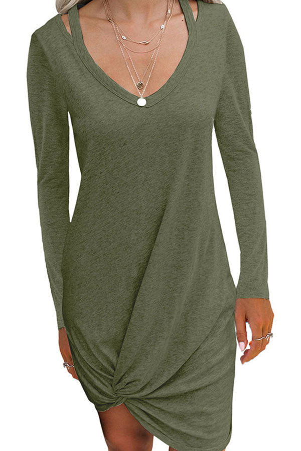 Solid Long Sleeve V Neck Cut Out Shoulder Twist T-Shirt Mini Dress Green