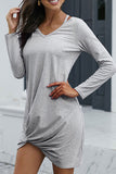 V Neck Long Sleeve Cut Out Shoulder Plain Twist T-Shirt Dress Grey