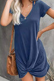 V Neck Short Sleeve Cut Out Shoulder Twist T-Shirt Mini Dress Blue