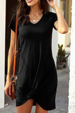 Solid V Neck Short Sleeve Cut Out Shoulder Twist Mini Dress Black