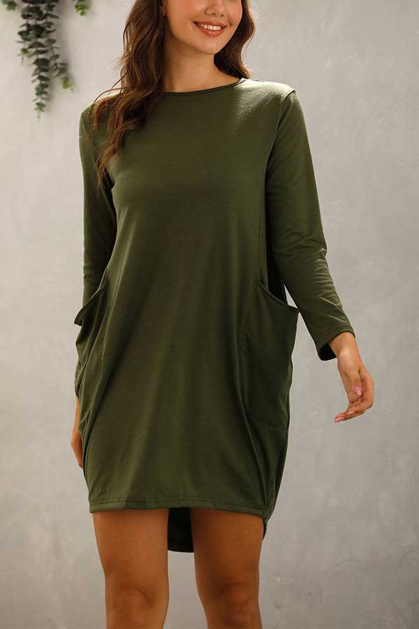 Plus Size Casual Solid Long Sleeve High Low Mini Dress Olive