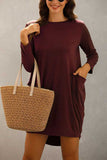 Casual Long Sleeve Pocket High Low Plain Plus Size Dress Dark Red