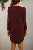 Casual Long Sleeve Pocket High Low Plain Plus Size Dress Dark Red