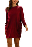 Plus Size Solid Crew Neck Long Sleeve High Low Mini Dress Ruby