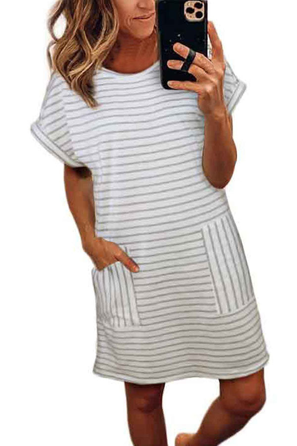 Short Sleeve Striped Pocket Mini T-Shirt Dress White