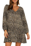 Casual Long Sleeve V Neck Leopard Mini Dress Black