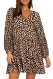 V Neck Long Sleeve Leopard Print Mini Dress Brown